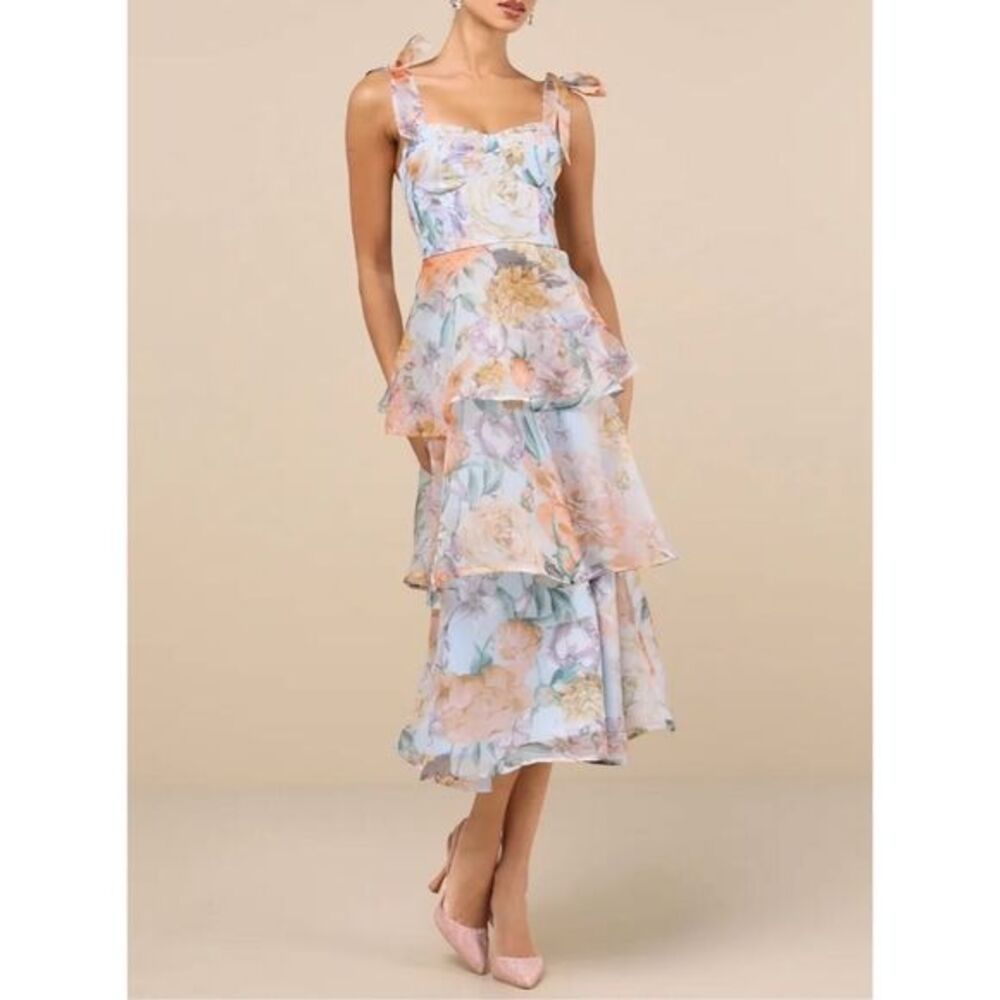 Lulus‎ Women's M Playfully Posh Blue Floral Tie-Strap Tiered Midi Dress M
